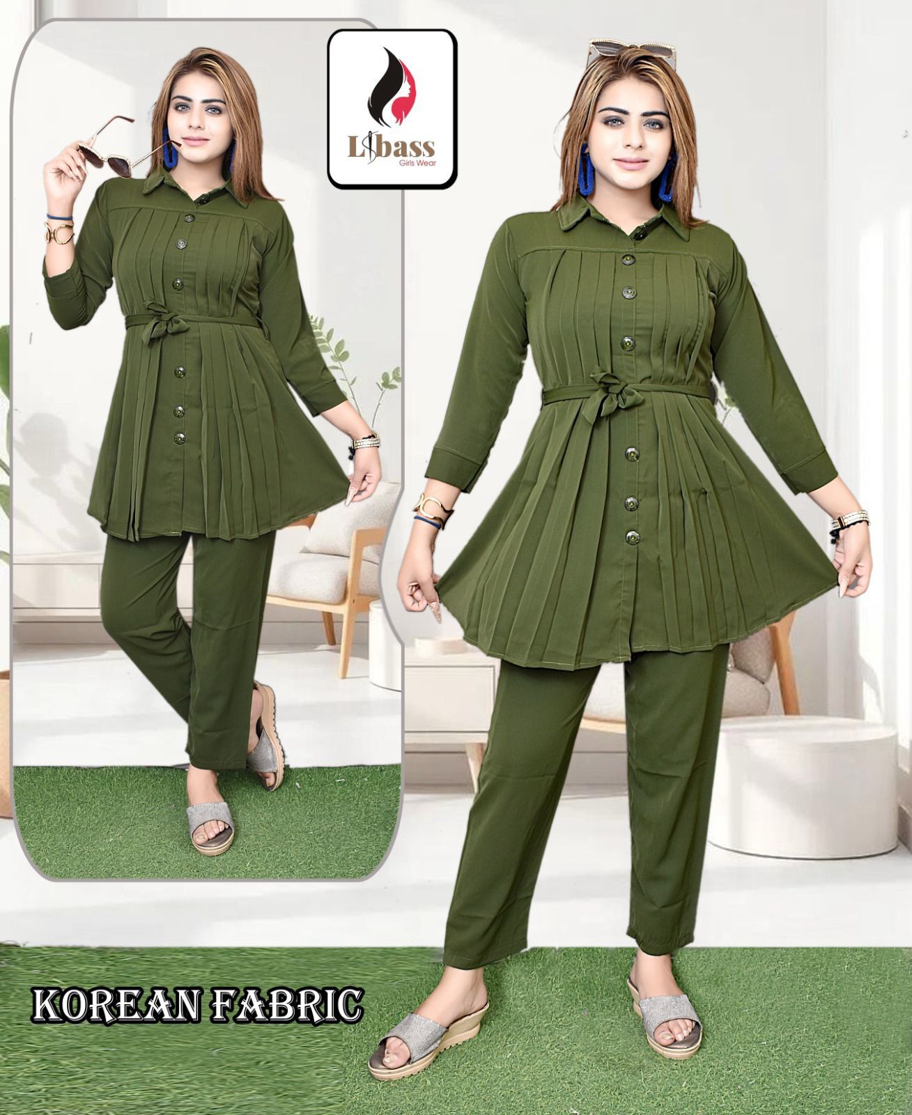 Stylish Olive Green Pleated Tunic & Pant Co-ord Set for Women Set of 6 piece